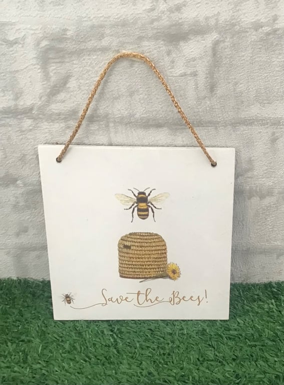 "Save The Bees" wooden hanging wall plaque.