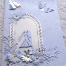 luxury 3d wedding card in white, silver,  beautiful flower spray, bride groom 