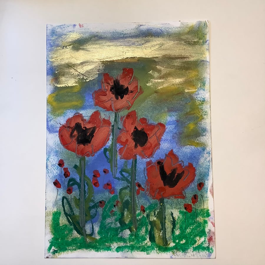 Poppies. Original oil pastel drawing