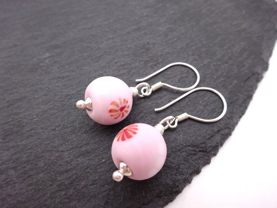 lampwork glass earrings, pink heart sterling silver jewellery