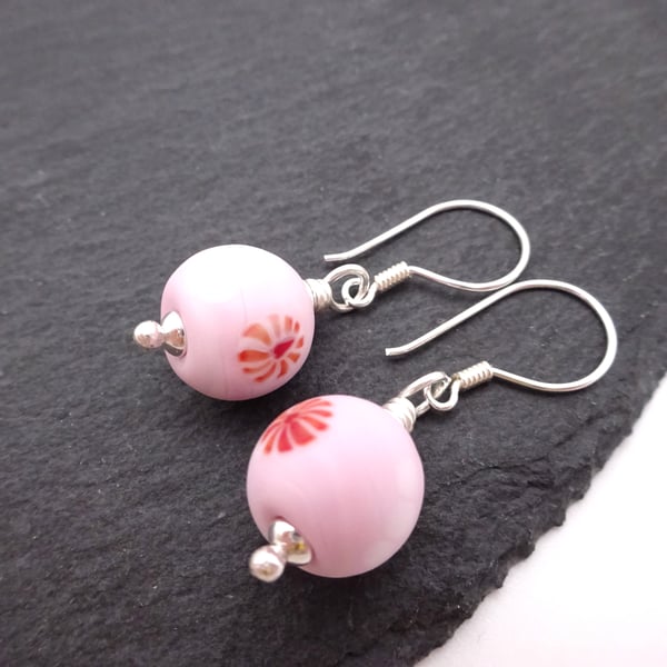 lampwork glass earrings, pink heart sterling silver jewellery