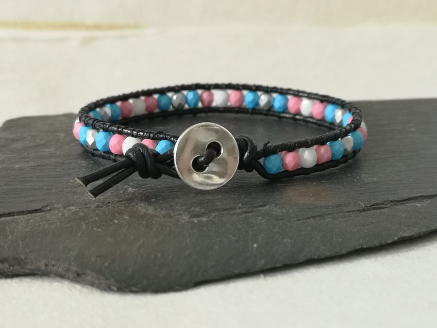 Trans flag coloured beads and black leather bracelet, LGBTQ