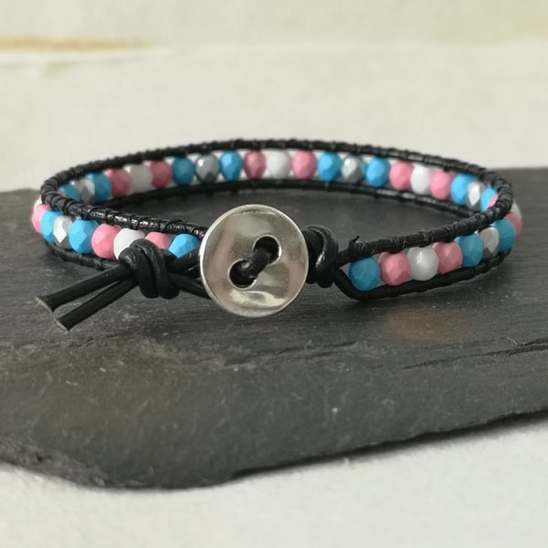 Trans flag coloured beads and black leather bracelet, LGBTQ