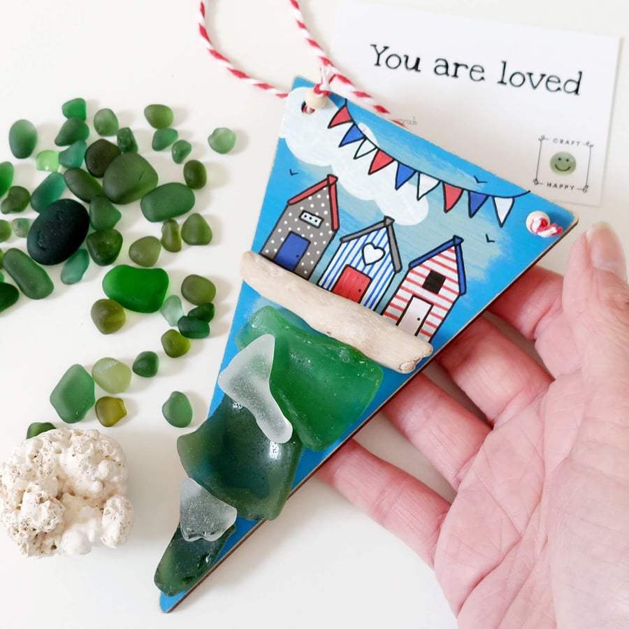 Hand Painted Sea Glass Quirky Beach Hut, Wooden Hanging Decoration, Seaside Gift