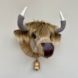 Faux taxidermy beige & brown tweed check Highland Cow Coo animal head wall mount