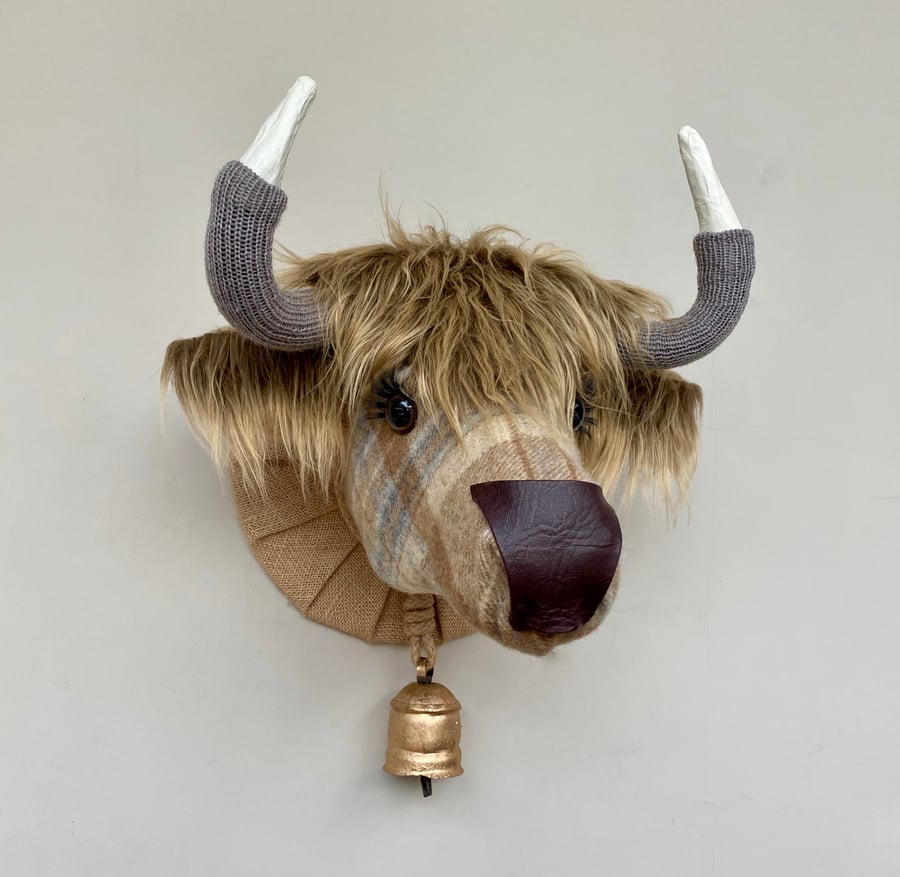 Faux taxidermy beige & brown tweed check Highland Cow Coo animal head wall mount