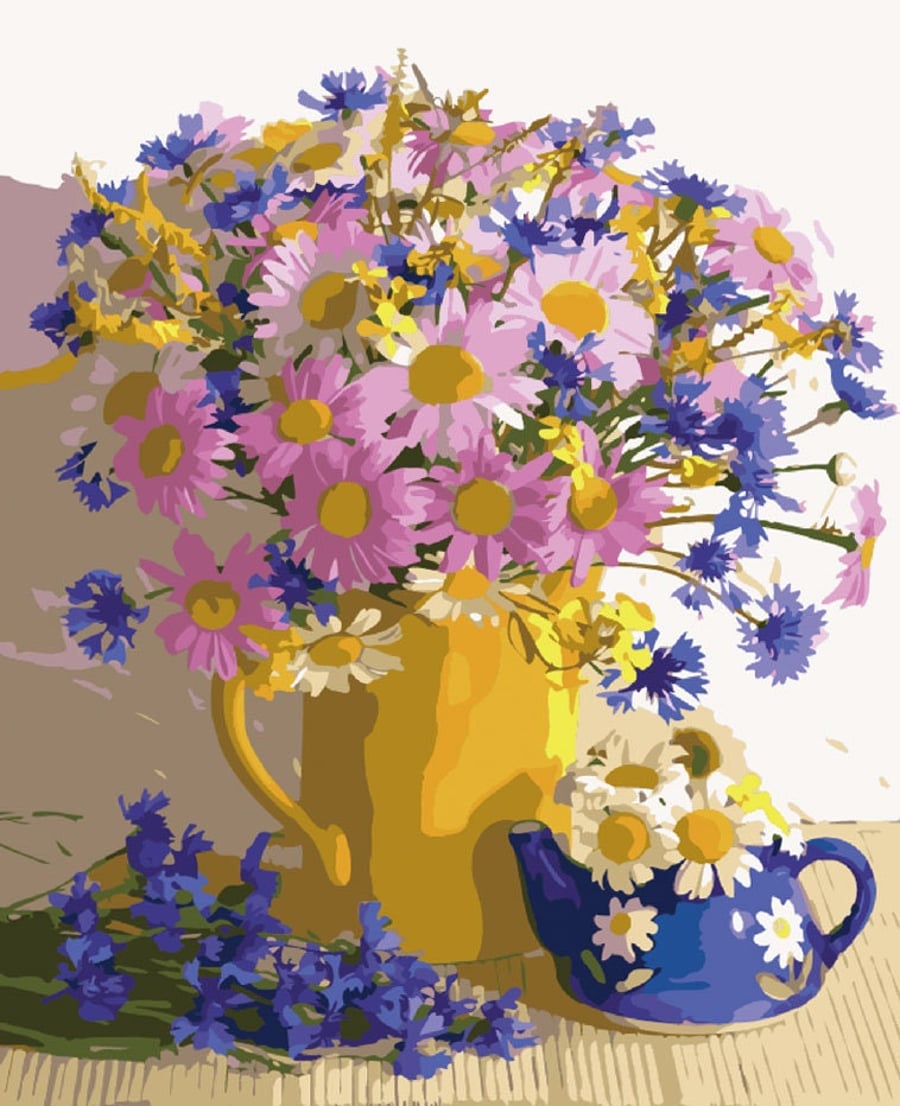 Syntego DIY Paint by Numbers for Adults, Purple Daisy Vase and Teapot Canvas Acr