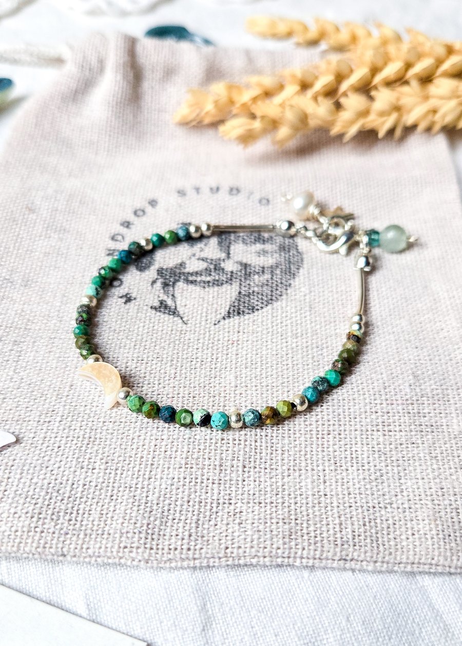 Turquoise Gemstone Bracelet - Dainty Celestial Sterling Silver Gemstone Bracelet