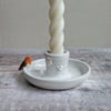 Handmade white ceramic taper candle holder, mini robin and star 