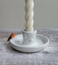 Handmade white ceramic taper candle holder, mini robin and star 