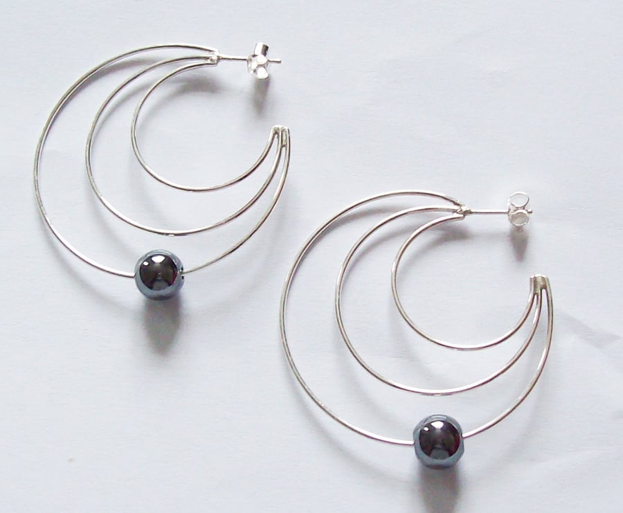 Hematite Triple Hoop Earrings Sterling Silver 925