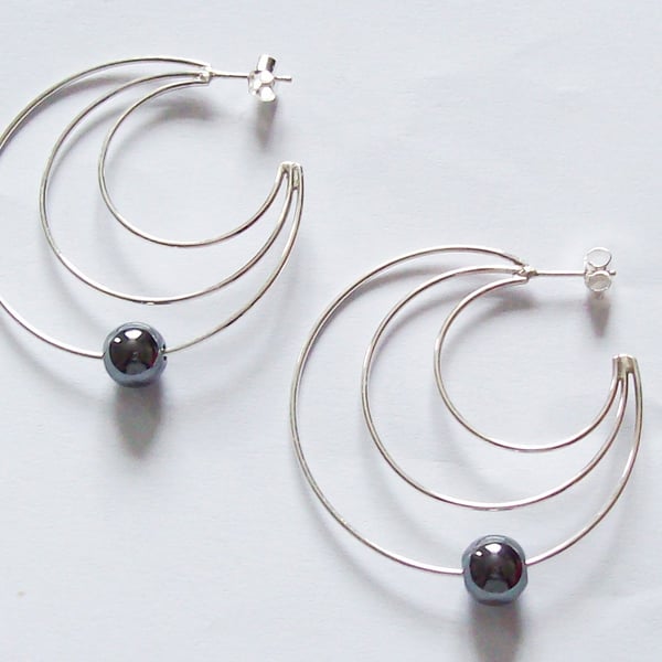 Hematite Triple Hoop Earrings Sterling Silver 925