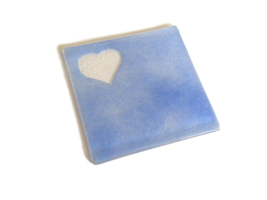 Fused Glass Coaster Pale Blue Love Heart Silhouette 10cm