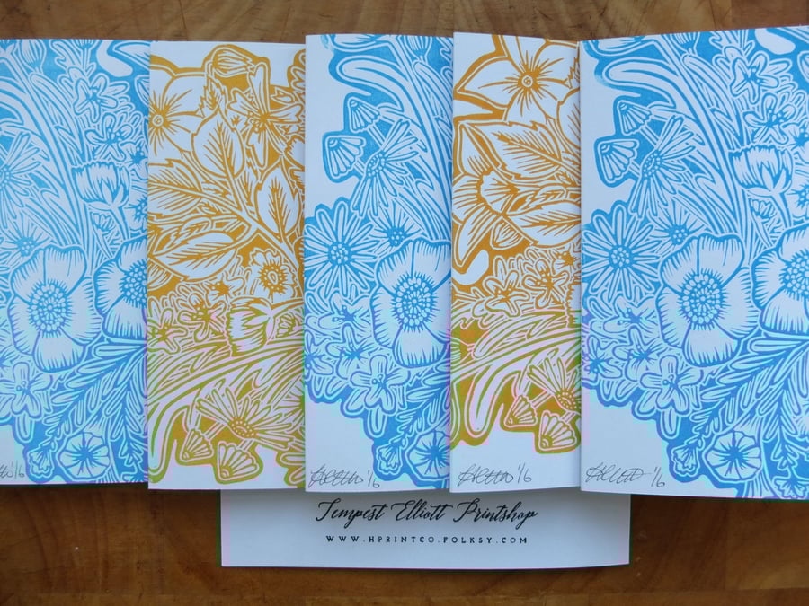 Square Floral Lino Print Card in Blue 