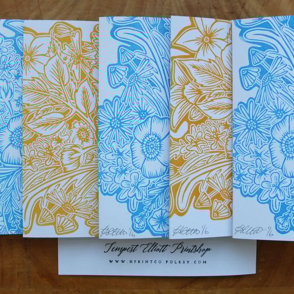 Square Floral Lino Print Card in Blue 