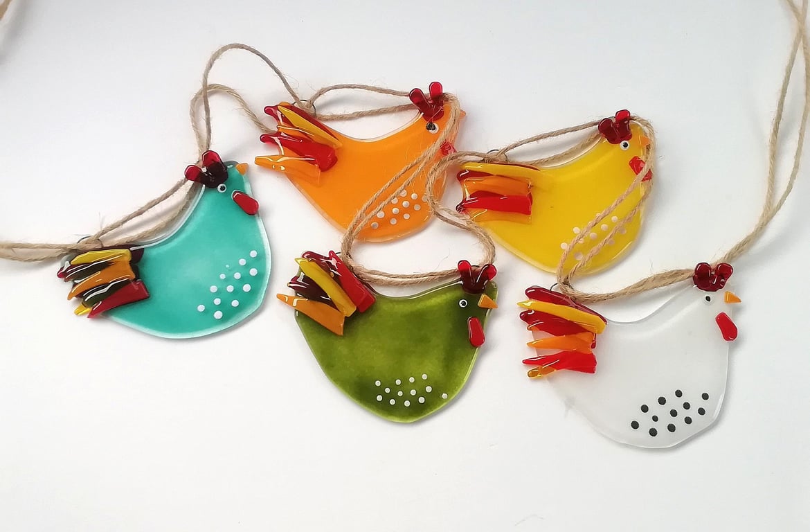 Chicken bunting, hen house decor, fused glass chicken bunting, Easter garland, k