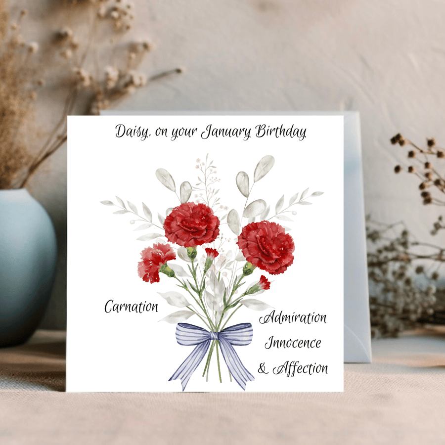 January Birthday Card, Personalised, Birth Flower Birthday Card, Carnation 