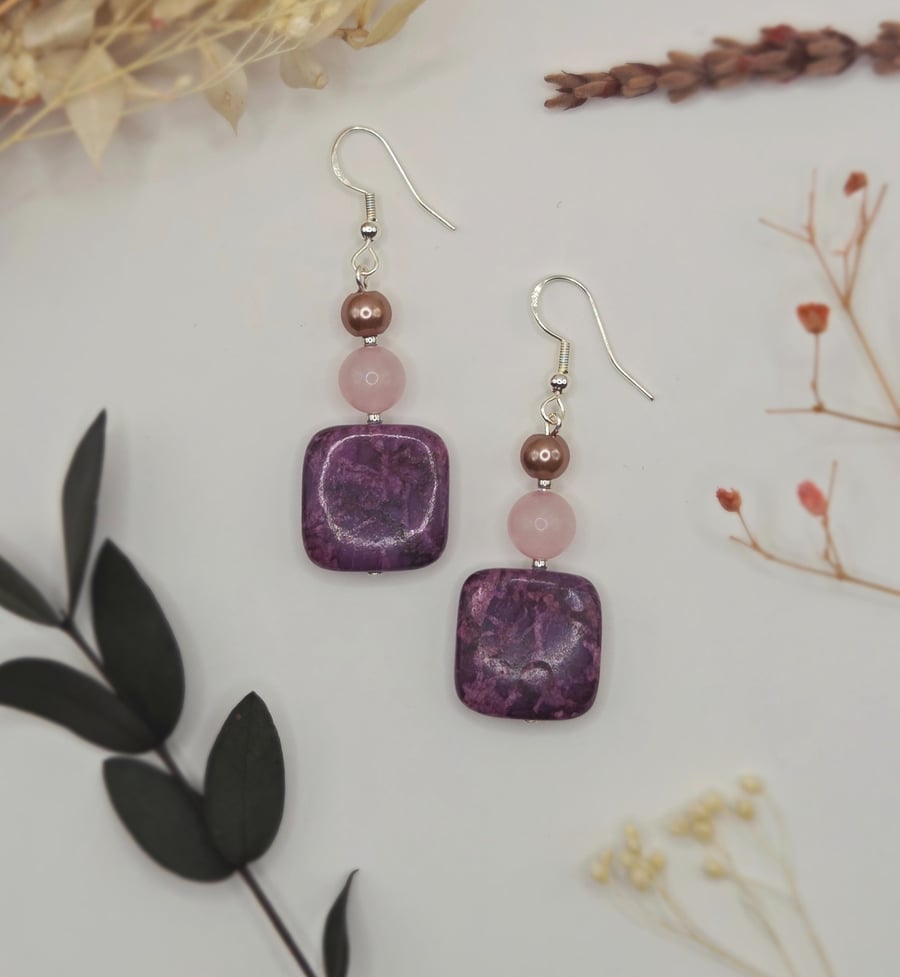Beaded dangle earrings with purple jasper and rose quartz beads