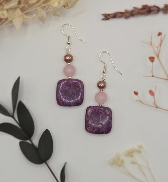 Beaded dangle earrings with purple jasper and rose quartz beads