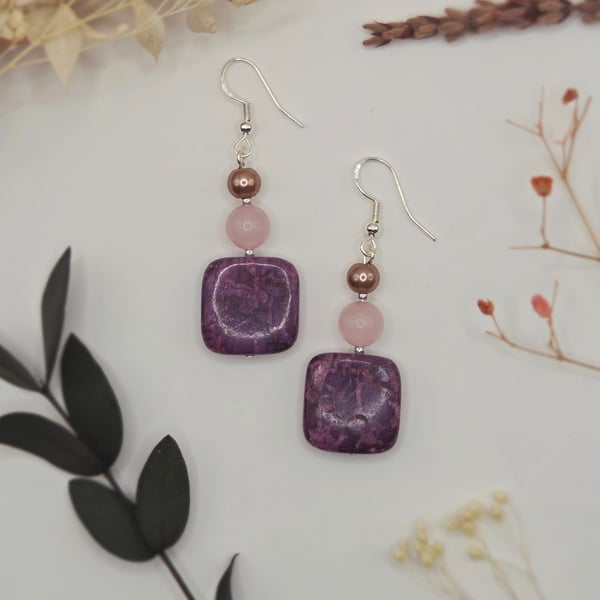 Beaded dangle earrings with purple jasper and rose quartz beads