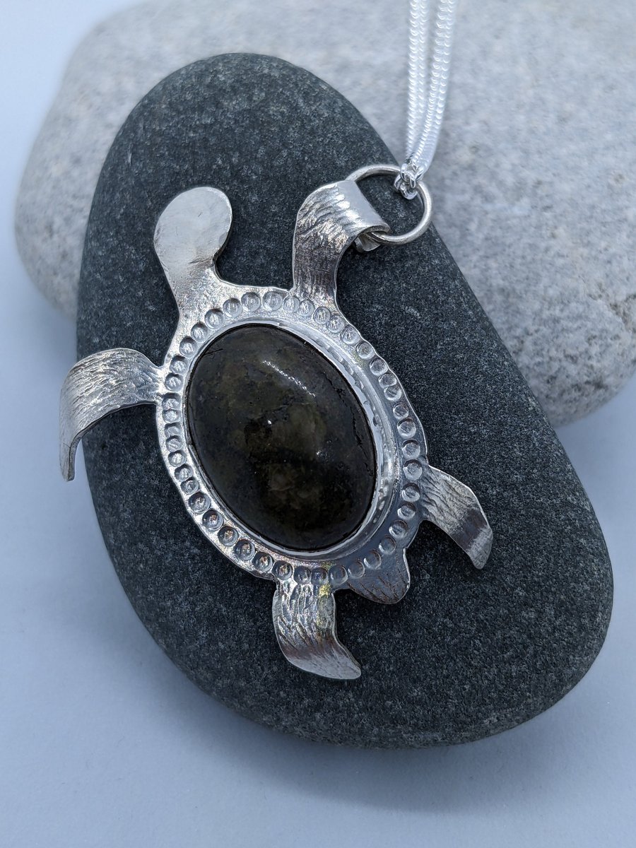 Silver turtle pendant, Handmade pendant with Unakite stone, Sterling silver and 