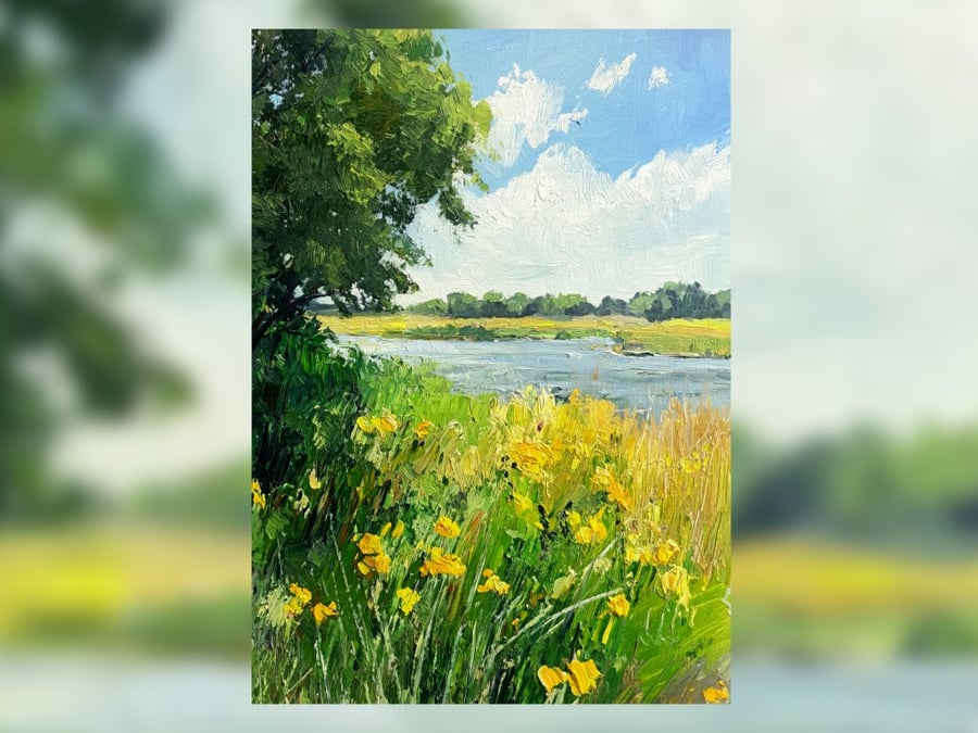 Riverside Meadow Bliss, Vibrant Wildflowers and Flowing Water 5"x7" Matte Print