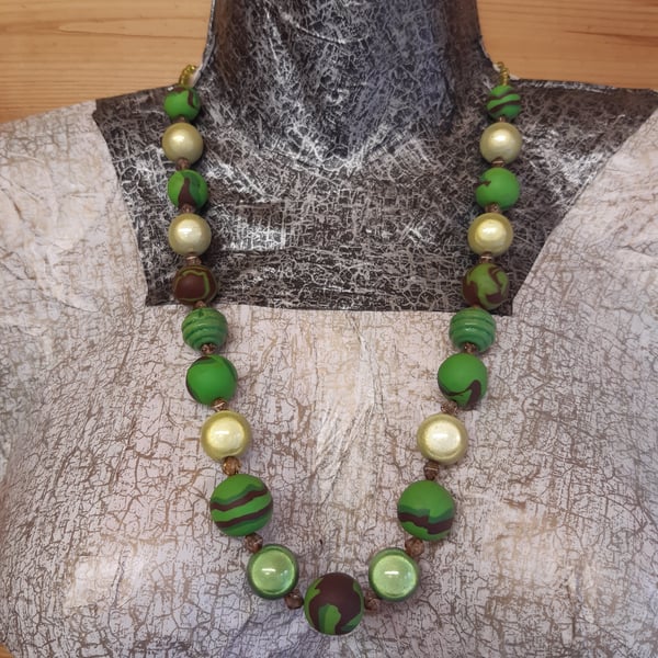  Necklace in green and chocolate brown polymer clay