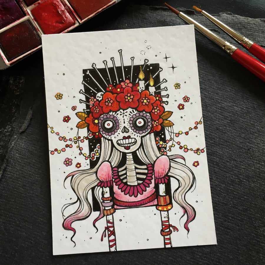 inktober - lady of bones - original aceo