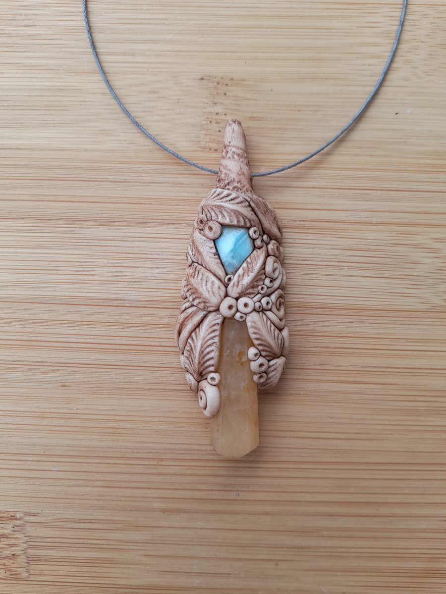 Larimar with Golden Quartz Crystal Point and Polymer Clay Pendant