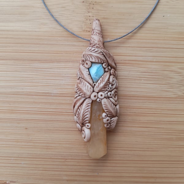 Larimar with Golden Quartz Crystal Point and Polymer Clay Pendant