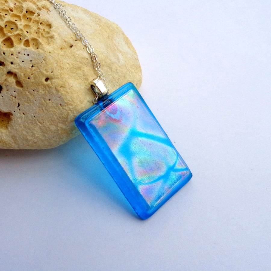 Dichroic glass pendant art Gently geometric on Turquoise 