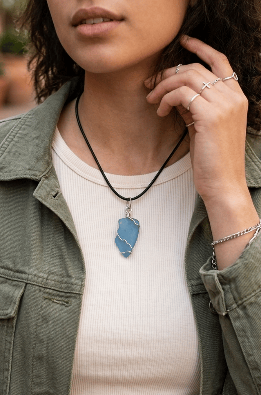 Hand-Wrapped Blue Sea Glass Pendant on Black Cord – Frosted Sea Glass Necklace
