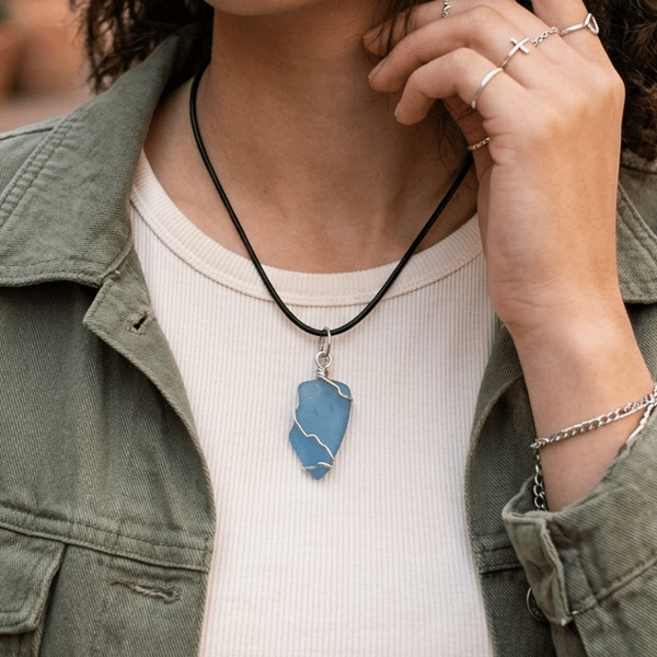 Hand-Wrapped Blue Sea Glass Pendant on Black Cord – Frosted Sea Glass Necklace