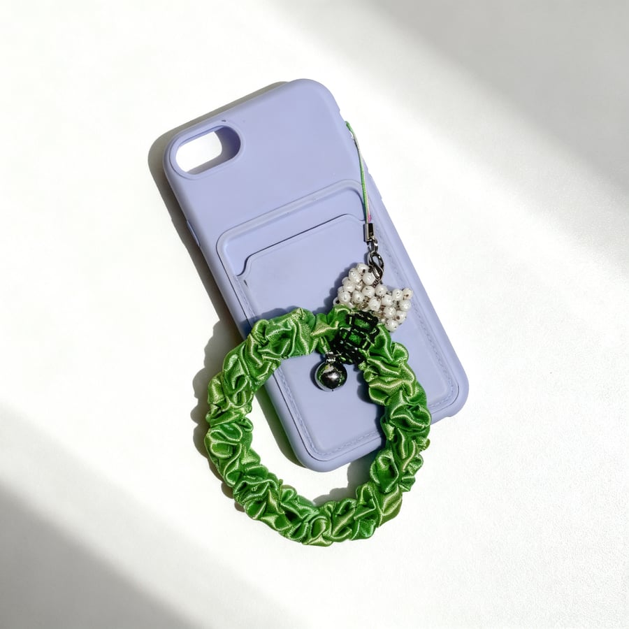 Handmade Green Satin Ribbon Beaded Phone Strap with Bell Accent