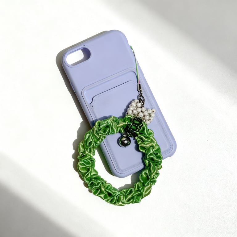 Handmade Green Satin Ribbon Beaded Phone Strap with Bell Accent