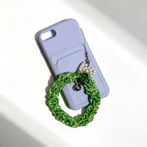 Handmade Green Satin Ribbon Beaded Phone Strap with Bell Accent