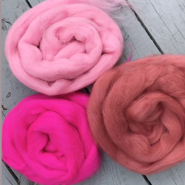 Pink felting wool, set of pink merino wools, needle felting supplies