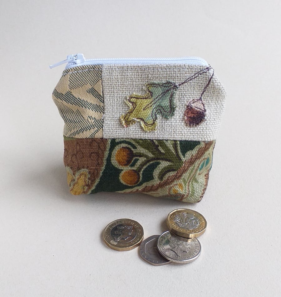 Embroidered Oak Leaf and Acorn Coin Purse