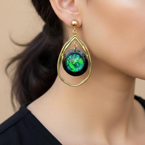 Unique Galaxy Earrings: Gold Teardrop Dangle, Handmade Resin Celestial Universe