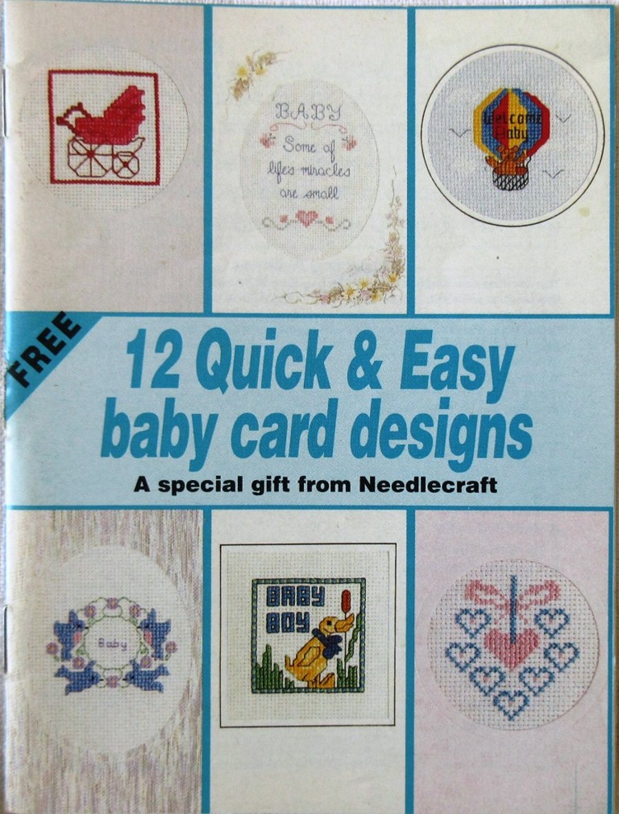 A booklet of 12 small cross stitch designs for new baby cards