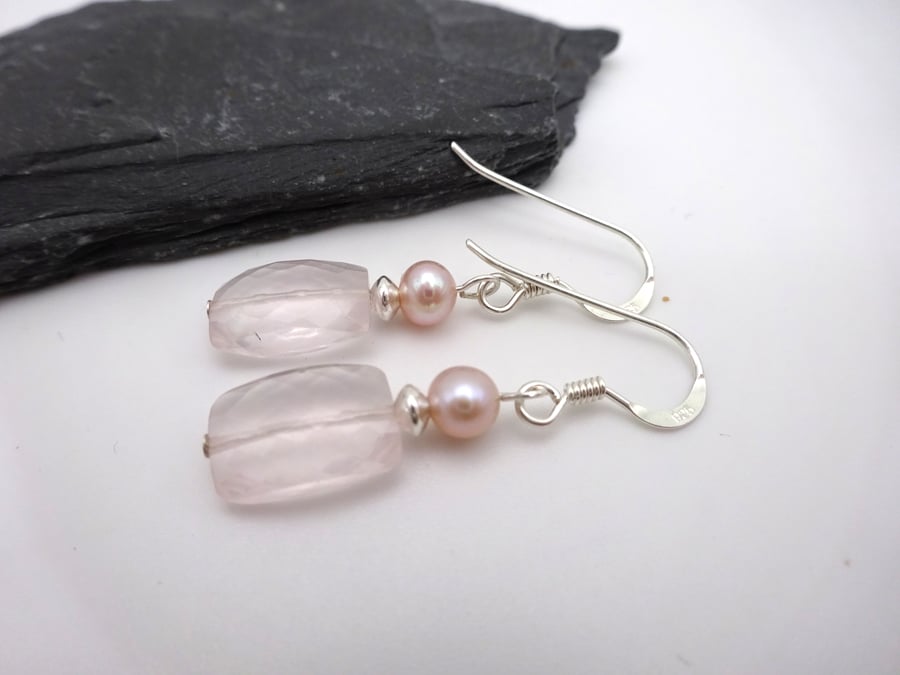 rose quartz and pearl earrings