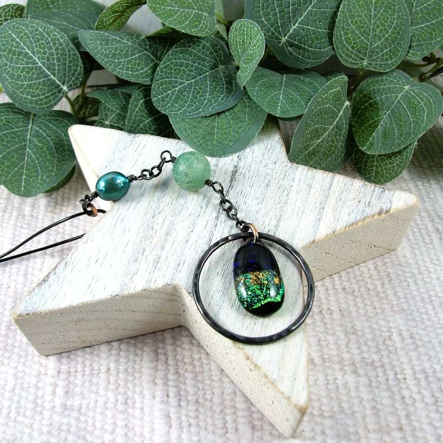 Hanging Decoration, Dichroic Glass and Copper Sun Catcher with Gemstones