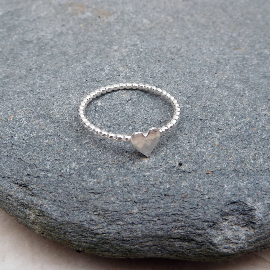 Sterling Silver Beaded Wire with Heart Stacker Ring - Made to Order - RNG037