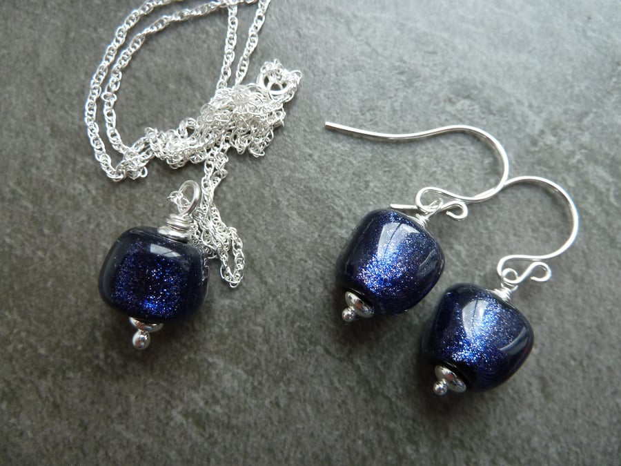 sterling silver chain and earring set, lampwork glass beads