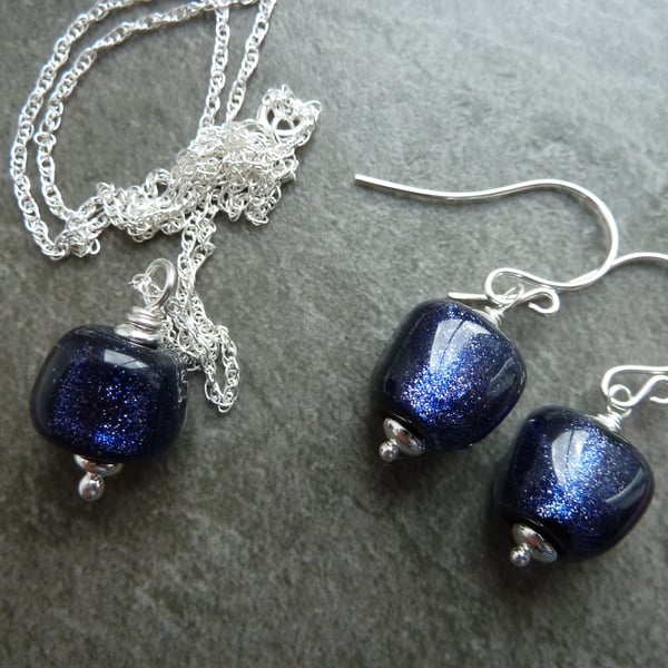 sterling silver chain and earring set, lampwork glass beads