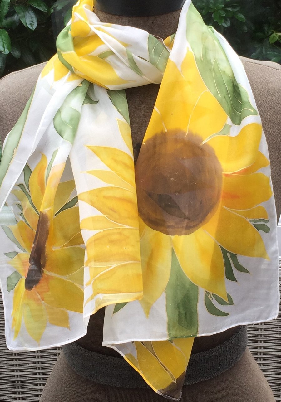 Sunflowers hand painted silk scarf