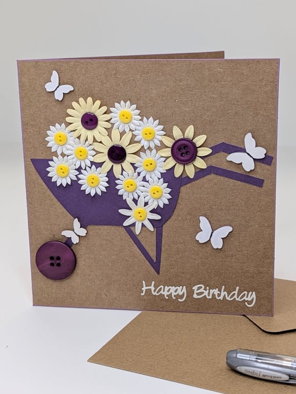 Gardening card with wheelbarrow, flowers and butterflies, card for gardeners