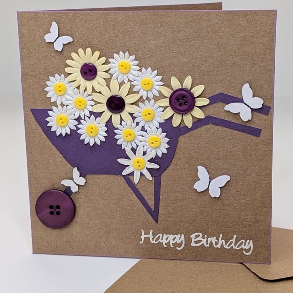 Gardening card with wheelbarrow, flowers and butterflies, card for gardeners