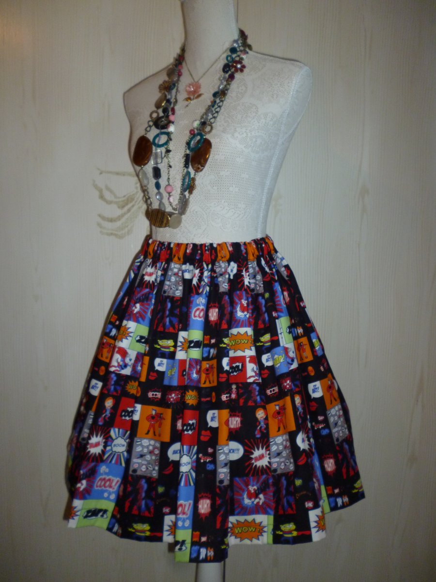 Retro 50's Cartoon Strip Superhero Rockabilly Full Flared Skirt Size 14 16