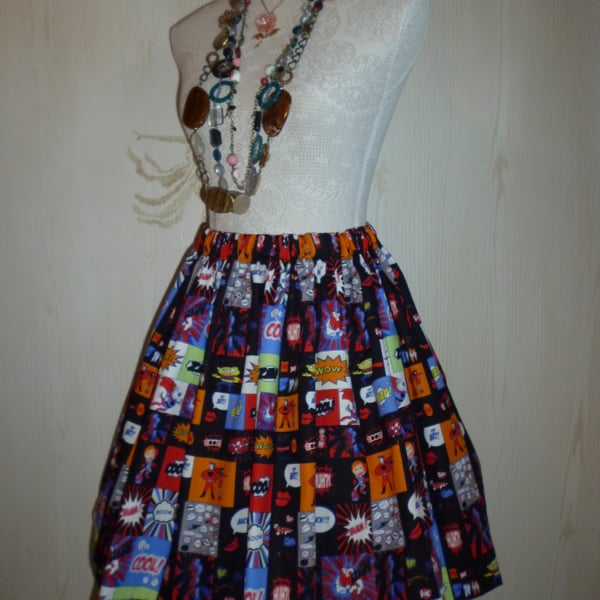 Retro 50's Cartoon Strip Superhero Rockabilly Full Flared Skirt Size 14 16